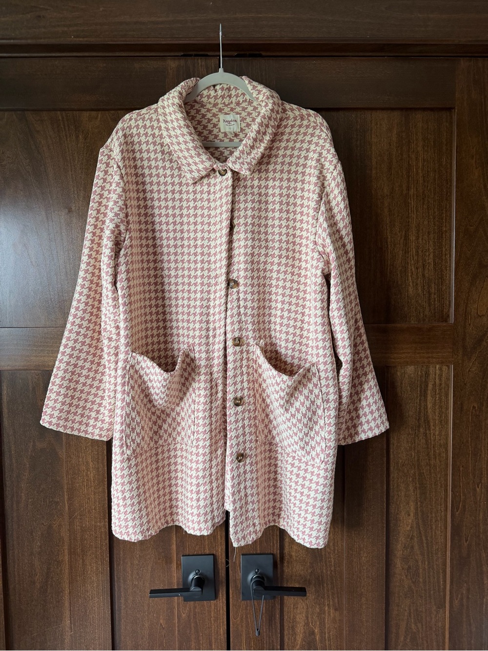 Hayden Pink Houndstooth Button-Front Pea Coat